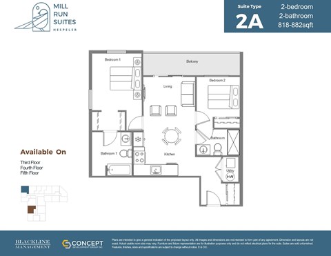 A floor plan for a 2-bedroom, 2-bathroom suite at Mill Run Suites.